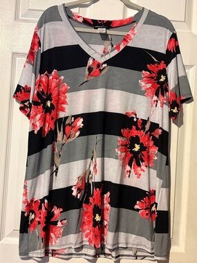 Heimish USA Floral Stripe V-Neck Tunic Top - Black, Gray & Red